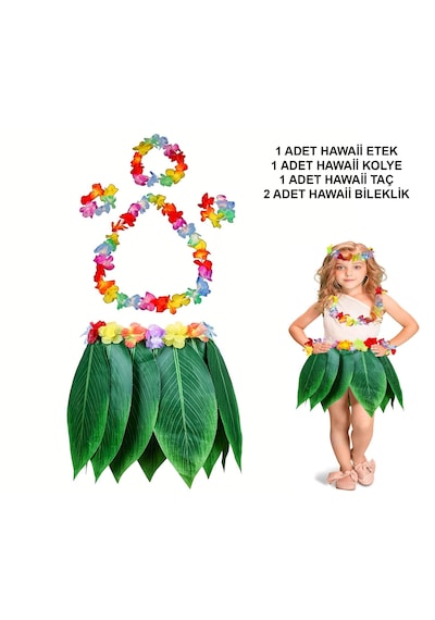 Çocuk Hawaii Kostüm Seti - Yaprak Etek &amp Amp Hawaii Set - 5 Parça Çok Renkli
