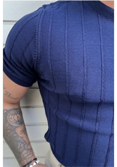 Erkek Slim Dar Bisiklet Yaka Düz Triko T-shirt Lacivert