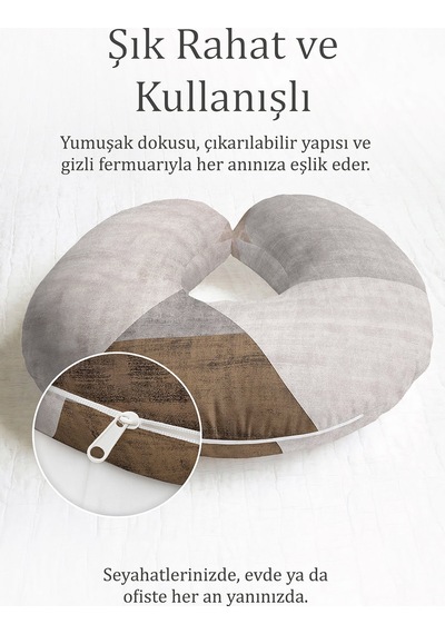 Modern Geometrik Desenli Ergonomik Boyun Yastığı - Soyut Minimal Bej Gri Kahve Seyahat Yastığı Soluk Yağmur Duman