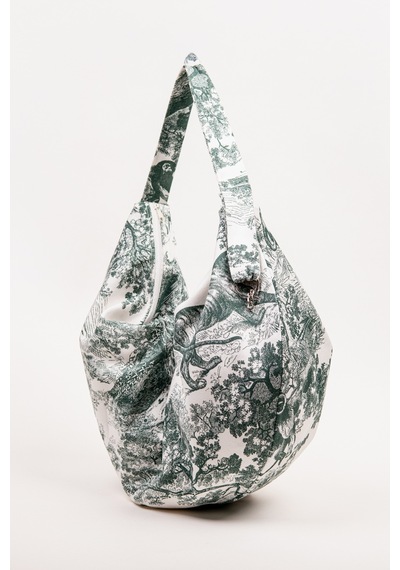 Fabric Craft Bag Omuz Çantası Yeşil Desenli Duck Kumaş Astarlı Fermuarlı 60x32 Cm Yeşil - Beyaz