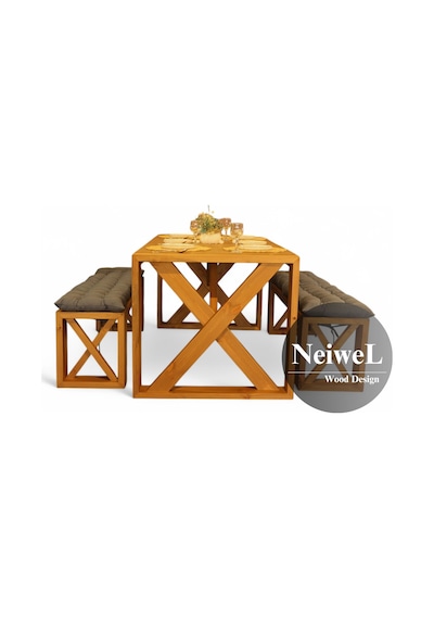 Neiwel Velmar Doğal Ahşap Banklı Yemek Masası Takımı-120-240 Takım Açık Ceviz