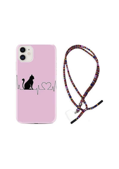 Apple Uyumlu iPhone 11 Kılıf Rasta Boyun Askılı Pink Cat Heart 1303