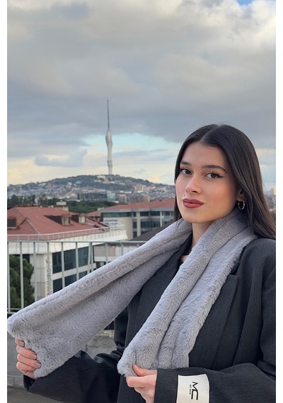 Mollycrush Peluş Yumuşak Soft Atkı Kışlık Suni Kürklü Gri Kadın Atkısı Gri