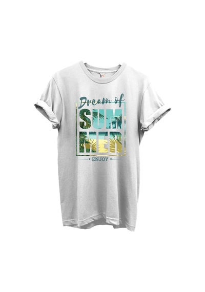 Dream Of Summer Yazılı Palmiye Ve Sahil Temalı %100 Pamuk Regular Fit Unisex T-shirt Beyaz