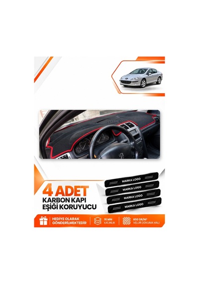 Peugeot 407 2004-2010 Uyumlu Ön Torpido Koruma Kılıfı Halısı Örtüsü - Siyah Kırmızı