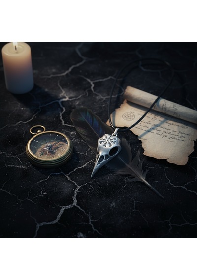 Koruma Kuzgun Kafatası - Vegvisir Gümüş Kaplama Deri İp Kolye Silver