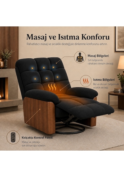 Smarto Relax Porto Tv Koltuğu Elektrikli Masajlı Isıtmalı Döner Sallanan Ahşap Yan Panelli Polyester Kumaş Baba Koltuğu Siyah