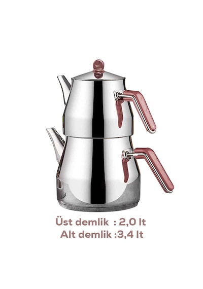 Porsima 1026-1 Prizma Bakalit Metal Kulp Mega Boy Paslanmaz Çelik Çaydanlık Takımı Rose - 2-3,40lt