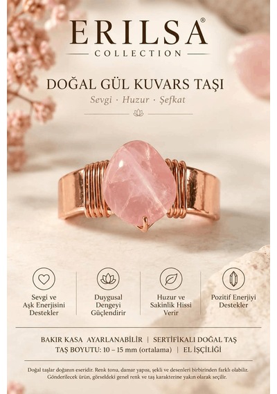 Sertifikalı Doğal Gül Kuvars Taşı Yüzük Bakır Kasa Ayarlanabilir Çok renkli