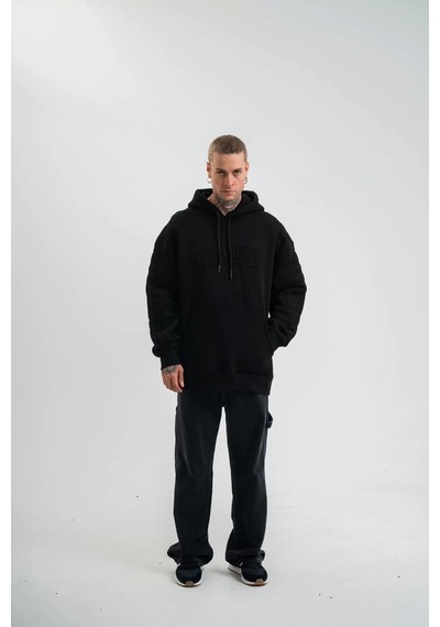 Double Oversize Kapşonlu Nakışlı Sweatshirt - Siyah Siyah