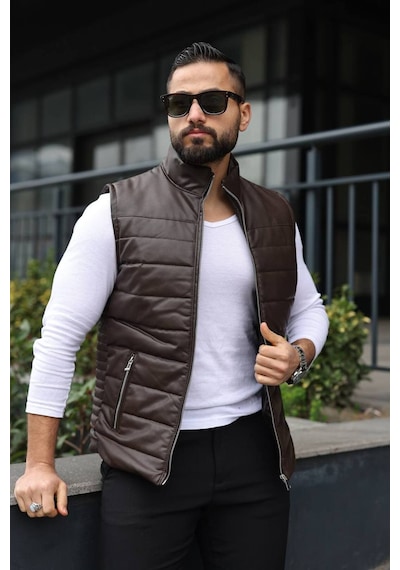 Basic Slim Fit Deri Yelek Kahverengi
