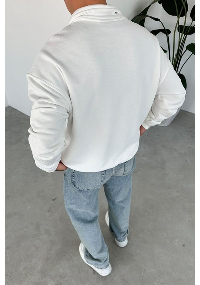 Beyaz Ow Nakış Yarım Fermuarlı Sweatshirt Beyaz