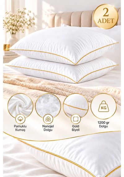 2 Adet Premium Nanojel Yastık 50x70 Cm 1200 Gram Beyaz-gold