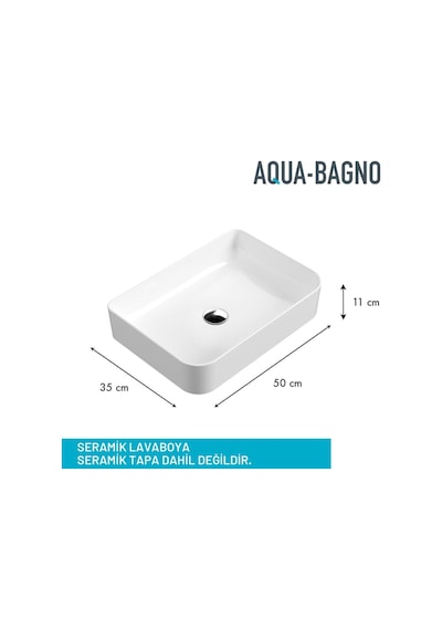 Aqua Bagno Mestola Tezgah Üstü Kare Çanak Lavabo Batarya Deliksiz 35x50 Cm Beyaz