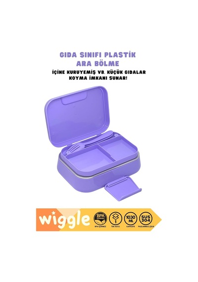 Wiggle Bento 1030ml Lunchbox Tek Katlı 2 Bölmeli Paslanmaz Çelik Sefer Tası Yemek Kutusu Mor
