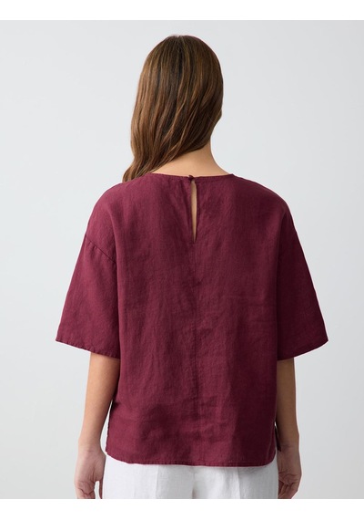 Jimmy Key Bordo %100 Keten Rahat Kesim Kısa Kollu Bisiklet Yaka Bluz 5sw032574562