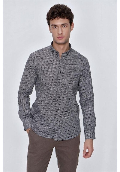 İmza Koyu Kahverengi Uzun Kol Baskılı Bez Ayağı Gömlek Yaka Klasik Slim Fit Dar Kesim Pamuklu Gömlek 1004225223-koyu Kahverengi Koyu Kahverengi