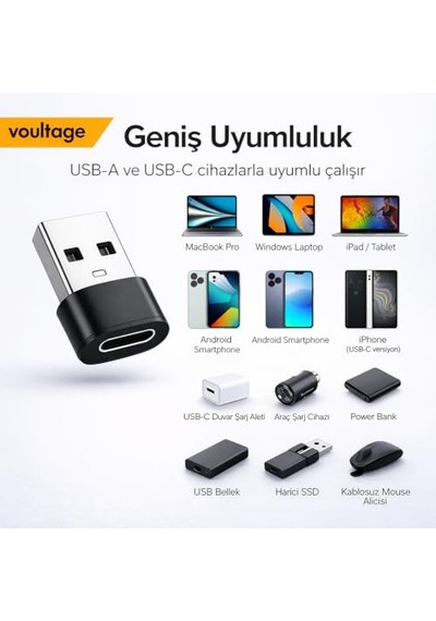 Usb To Type-c Dönüştürücü/çevirici, 3a Hızlı Şarj Ve Veri Aktarımı, Otg, Mini Boy Siyah, İphone Ve Dizüst