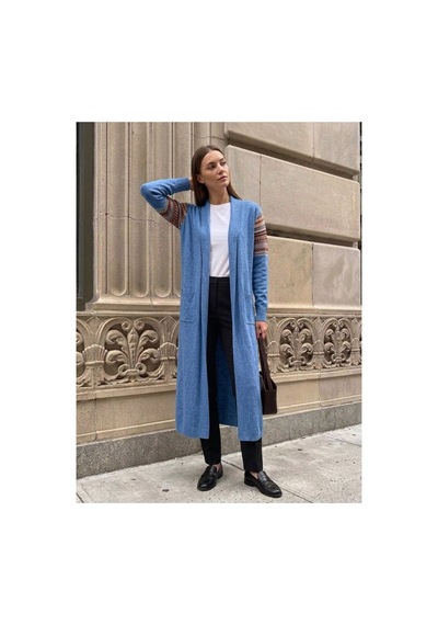 Onno Style Women Kilim Desen Uzun Triko Kadın Hırka Mavi