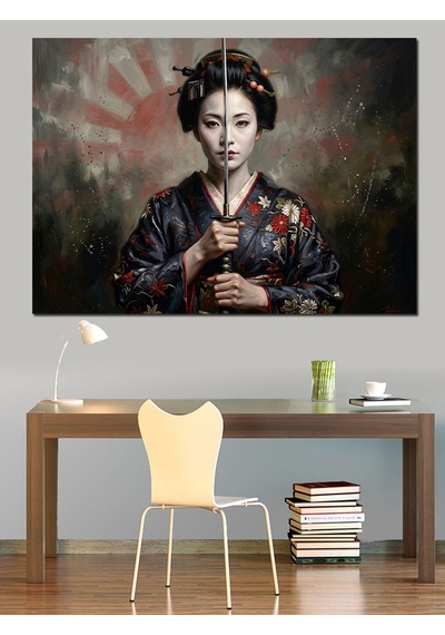 Samuray Kılıcı Tutan Japon Kadın Dekoratif Kanvas - Mdf Ahşap Tablo