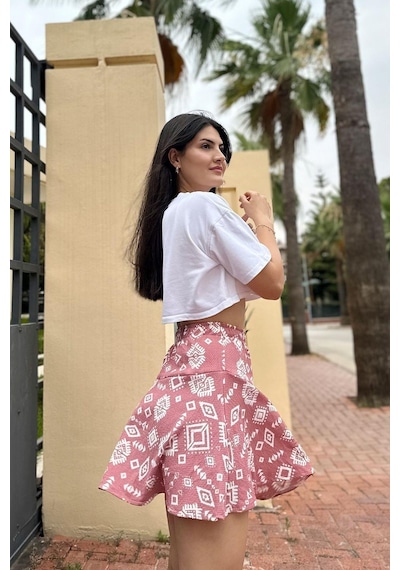 İpli Pembe Renk Desenli Bürümcük Kumaş Etek Şort Siyah - Pembe