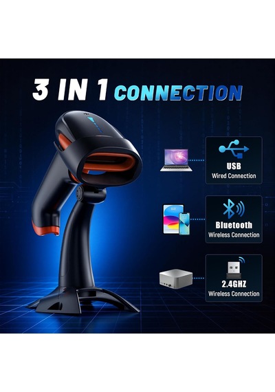 Hw0002 Kablosuz Barkod Okuyucu, 1d/2d/qr Kod Tarayıcı, Bluetooth/2.4g/usb 3 Ü 1 Arada, Titreşim Uyarılı & Şarj Göstergeli, Stand Dahil