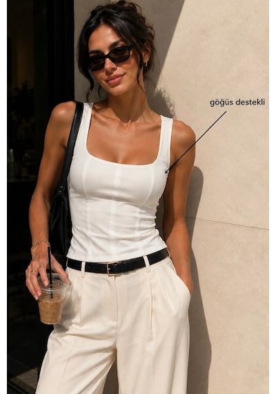 Bbbutikbasic Göğüs Destekli Poliamid Atlet Bluz Kare Yaka Toparlayıcı Body My3535 Beyaz