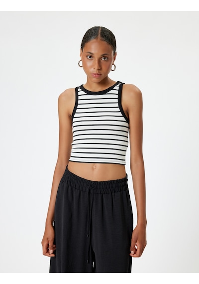Koton Crop Üst Kolsuz Slim Fit Bisiklet Yaka Ekru Çizgili 4sal30313ık