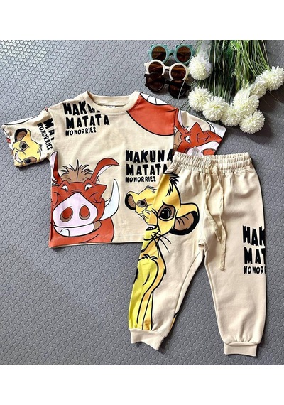 Hakuna Matata Eşofman Alt + Tişört Takımı 1-6 Yaş-194 Bej