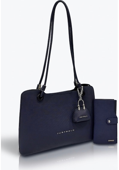 Just Polo Kadın Büyük Boy Premium Gümüş Logolu El Çantası Ve Cüzdanı Kombin Tote Bag Ebat : 22 X 34 Cm Lacivert