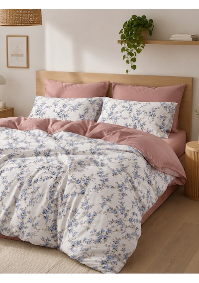 Mystory Home Çift Kişilik Lastikli Çarşaflı Nevresim Takımı Serenity Gül Kurusu - Mavi
