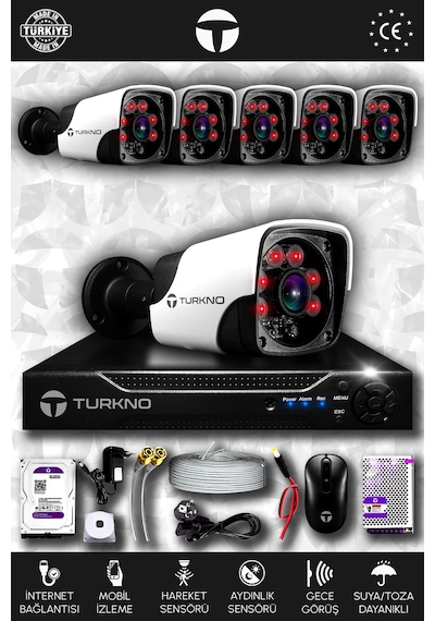 Turkno 6 Kameralı Pania 6 Dış Kamera Set 500 GB HDD Full HD Gece Görüşlü Güvenlik Kamerası Sistemi