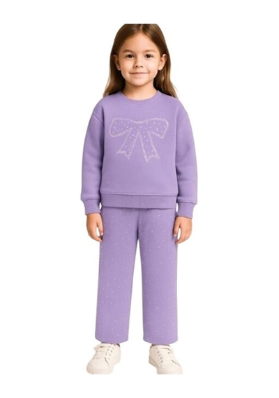 Lumino Kız Çocuk Taşlı Fiyonk Takım Lila Sweat & Pantolon 3-8 Yaş Lila