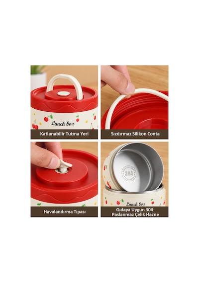 Valkyrie 3 Katlı Paslanmaz Çelik Kirazlı Yemek Termosu Lunch Box 1390 Ml Taşıma Çantalı Isı Yalıtımlı Kırmızı