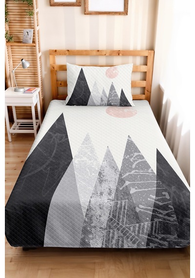 Gri Geometrik Modern Genç Odası Tek Kişilik Pike Takımı - Pudra Minimal 160x220 Cm Yatak Örtüsü Mumlu Köy Hissi