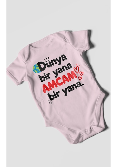 Morivokids Dünya Bir Yana, Amcam Bir Yana Kısa Kollu Bebek Body %100 Pamuk Bebe Pembe