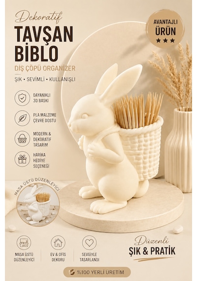 Ognami3d Dekoratif Tavşan Kürdanlık - 3d Baskı Masaüstü Organizer 34805459