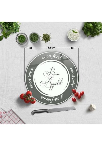 Cam Kesme Tahtası | Good Food - Beyaz Fon | Çap32cm