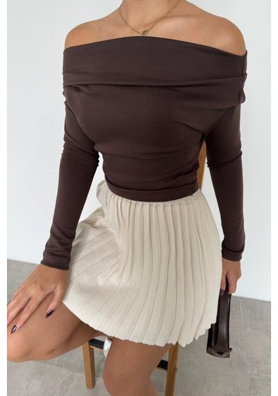 Seeh Kahverengi Kadın Off Shoulder Uzun Kollu Bluz Sh327