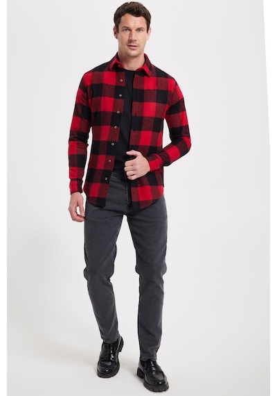Tudors Erkek Slim Fit Dar Kesim Kareli Kışlık Oduncu Gömlek-42339 Kırmızı