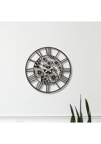 Metal Duvar Saati Flora Temalı Dekoratif Saat Siyah-52 X 52