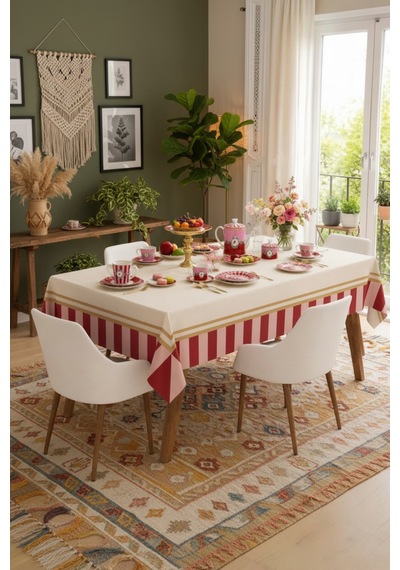 Vivanni Home Yıkanabilir Dikdörtgen Masa Örtüsü Günlük Kullanıma Uygun Pratik Ve Uzun Ömürlü Çizgili Pembe