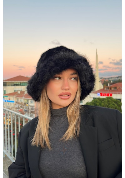Mollycrush Suni Kürklü Peluş Bucket Kalpak Şapka Luxury Kadın Siyah Rus Slav Tarzı Siyah
