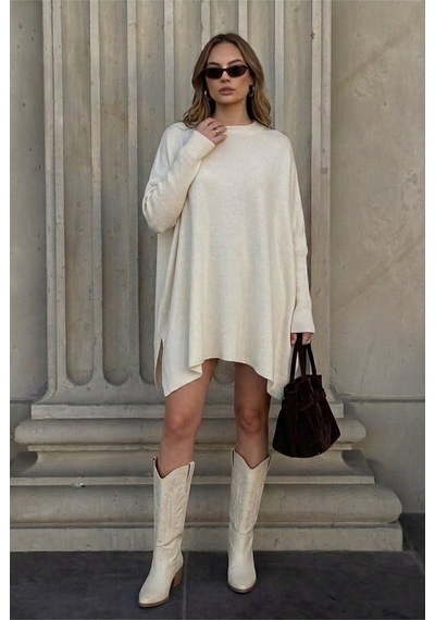 Onno Style Women Düz Triko Standart Panço Ekru