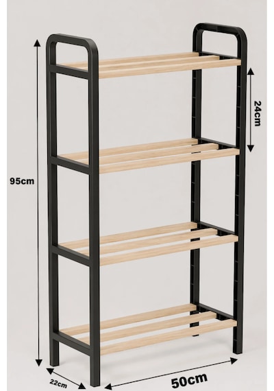 Three 4 Katlı Ahşap Ayakkabılık 50 Cm Ahşap Çubuklu 4 Bölmeli Eko Raf Ünitesi Düzenleyici