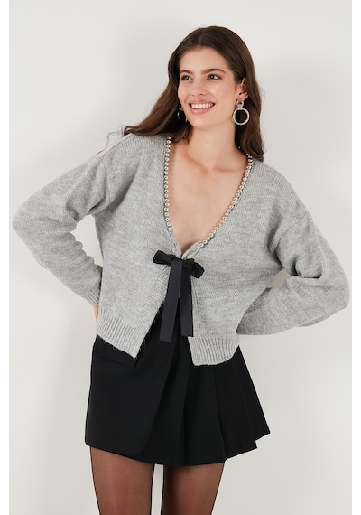 Lela Premium Boncuk Ve Fiyonk Detaylı Regular Fit V Yaka Triko Bayan Hırka 680Hi00180 Gri