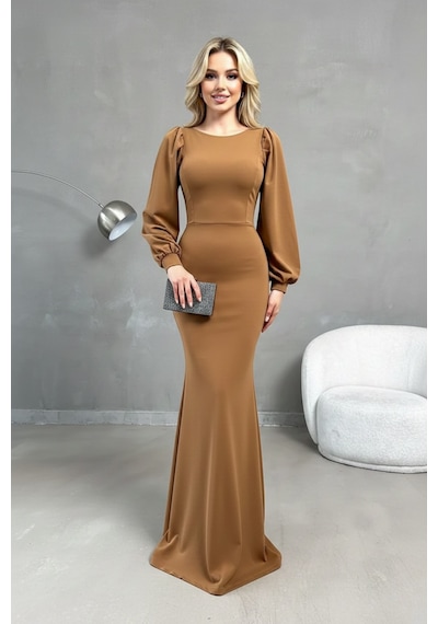 Defymoda Kadın Seçkin Tarz Balık Elbise Kahverengi