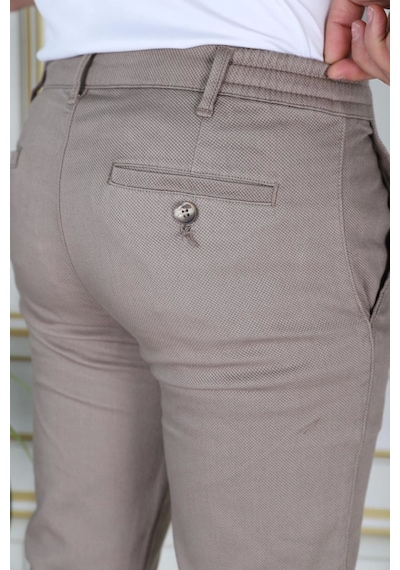 Phantom Jeans Erkek Kahve Slim Fit Esnek Likralı Armürlü Keten Pantolon Bağcıklı Kemerli Beli Lastikli Şık Pantolo Sütlü Kahve