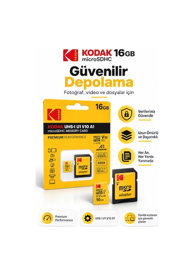 16gb Microsdhc Hafıza Kartı Uhs-ı U1 V10 A1 Class 10 85 Mb/s Full Hd Destekli Sd Adaptörlü