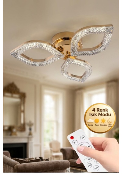 Yonca Model Gold Kumandalı 3"lü Ledli 3 Renk Modu Kristal Salon Mutfak Yatak Çocuk Odası Avize